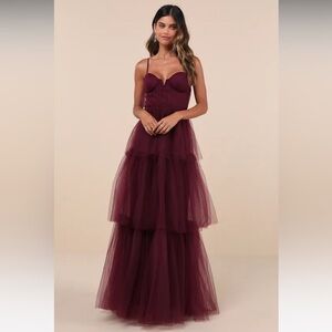 Tulle long maroon spaghetti strap dress from lulus